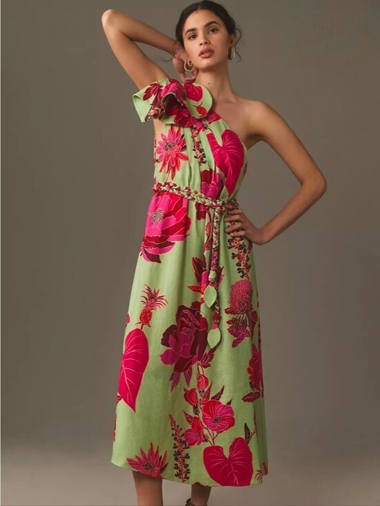 FARM Rio Dresses & Skirts - Farm Rio Fresh Garden One-Shoulder Linen Midi Dress